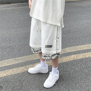 夏季腰果花拼接短裤男假两件潮宽松直筒运动休闲五分裤dk088-p28图片
