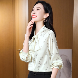 蝴蝶结领结重磅真丝衬衫女士长袖印花真丝上衣衬衣时尚气质秋装图片