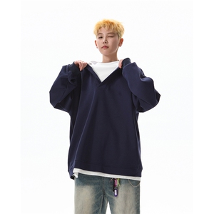 8XL-M叠穿假两件卫衣重磅连帽V领拼接套头衫宽松大码外套WY006P65图片