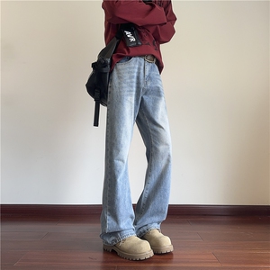 GENIOLAMODE美式水洗加绒微喇牛仔裤男士秋冬新款宽松直筒长裤子图片