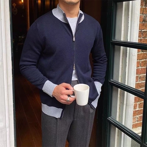 拼色双拉链开衫毛衣上衣男士外套英伦男士立领修身针织衫休闲