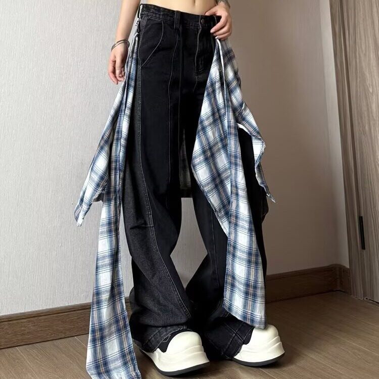 美式街头假两件拼接裙摆爵士舞运动裤女新款阔腿宽松休闲裤子图片