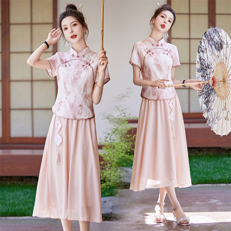 新中式改良旗袍套装连衣裙女2025夏季新款印花汉服禅意两件套裙子，女装套装/套裙，艾仟回(原伊仟回)