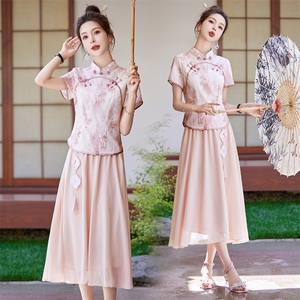 新中式改良旗袍套装连衣裙女2025夏季新款印花汉服禅意两件套裙子，女装套装/套裙，艾仟回(原伊仟回)