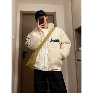 美式高街复古灯芯绒冬季刺绣立领棉服男女潮牌宽松面包服情侣外套,法式碎花短裙穿搭图片