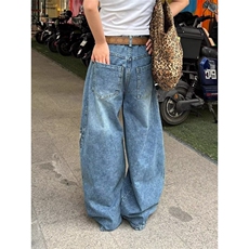 美式复古水洗解构弯刀牛仔裤男高街条纹拼接宽松显瘦休闲阔腿裤子，男装牛仔裤，星座410-7