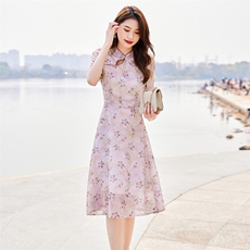 2023新款夏装女装复古立领碎花中长款减龄显瘦旗袍裙连衣裙，女装连衣裙，安之芮娜