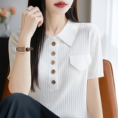 POLO坑条短袖t恤女夏季2025新款打底衫洋气大码女装冰丝针织上衣，女装T恤，皓宇羊绒