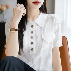 POLO坑条短袖t恤女夏季2025新款打底衫洋气大码女装冰丝针织上衣图片