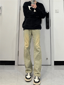 美式高街vibe拼接黄泥牛仔裤修身直筒裤XZ310A-4-NZ27JG图片
