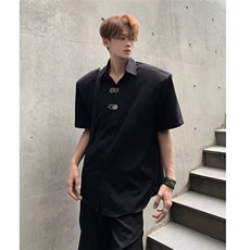 黑色小众金属扣垫肩设计感短袖T恤男夏轻熟风简约高级开衫白衬衫，男装衬衫，星座506A