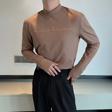 王嘉尔同款高弹显瘦修身长袖打底衫刺绣半高领T恤男潮TX1205-P50，男装T恤，电商B267