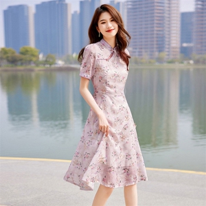 2023新款夏装女装复古立领碎花中长款减龄显瘦旗袍裙连衣裙图片
