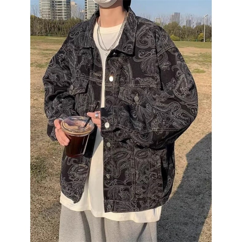 美式腰果花牛仔夹克男春秋潮宽松男装痞帅高级感外套HH364 P60图片