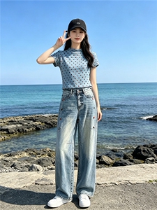 时尚休闲减龄套装女夏季新款波点短袖上衣高腰阔腿牛仔裤两件套潮图片