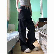 复古美式高街新款宽松直筒微喇裤子男女黑色褶皱高级感休闲西裤，男装西裤，星座813-2