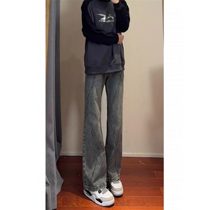 美式高街复古牛仔裤男格雷系水洗做旧压折痕休闲修身微喇长裤图片