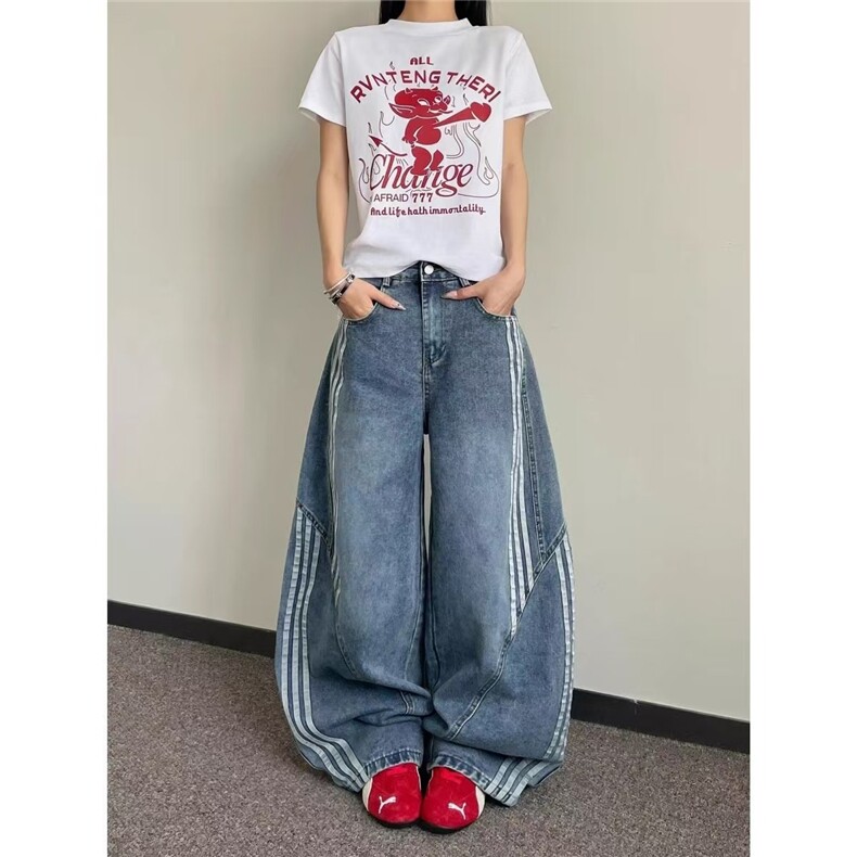 美式复古三条杠解构弯刀牛仔裤男女春秋拼接设计感镰刀阔腿长裤子,女装休闲裤,星座1210-1