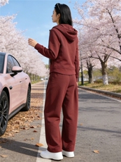 欧货慵懒风时尚套装女春季设计感纯色连帽外套休闲阔腿长裤两件套，女装套装/套裙，江南