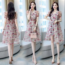 2021夏季新款时尚优雅气质碎花雪纺两件套外套加连衣裙，女装套装/套裙，艾仟回(原伊仟回)