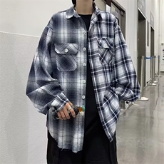 拼接格子衬衫男美式复古高级感古着潮牌长袖衬衣外套夏季，男装衬衫，星座410-7