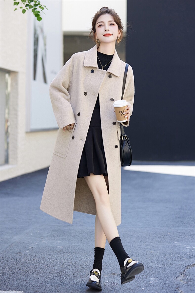 现货2023年秋冬季新款女装时尚休闲气质双排扣双面羊毛大衣女,女装双面呢大衣,关键词