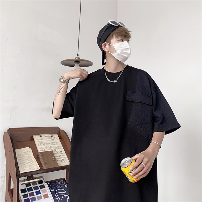 夏季新款拼接拼色宽松大码潮牌百搭圆领短袖T恤五分袖68,男装T恤,电商A011（原4039）