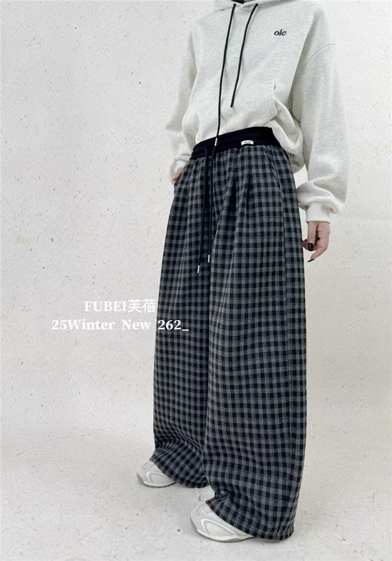 2025年秋季时尚百搭通勤简约休闲格子抽绳镰刀裤，女装休闲裤，湘姗