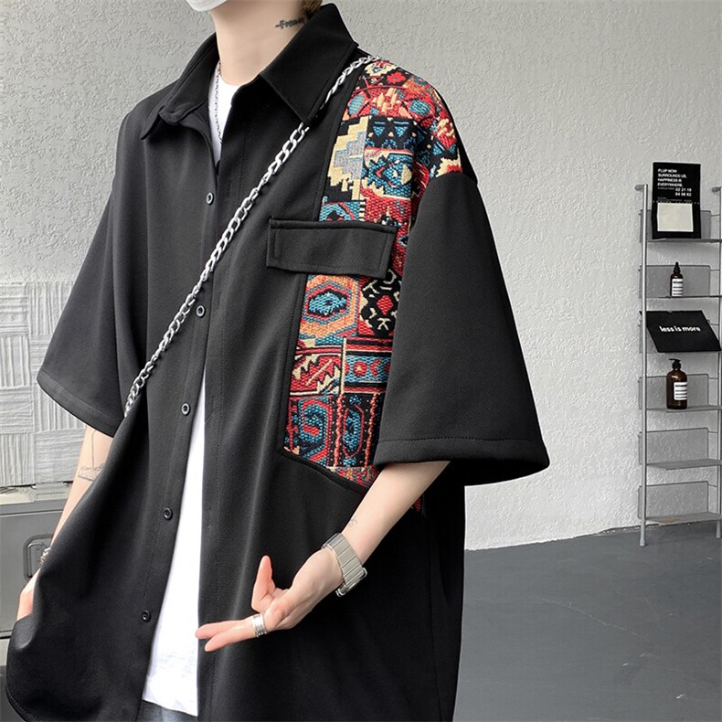 8XL-M民族风拼接短袖衬衫男夏季痞帅半袖衬衣薄款外套DC28009P45图片