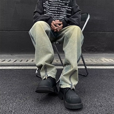 侧拉链做旧牛仔裤男春秋季美式vibe高街直筒裤子潮牌宽松微喇长裤，男装牛仔裤，星座410-6（原星座1304-1）