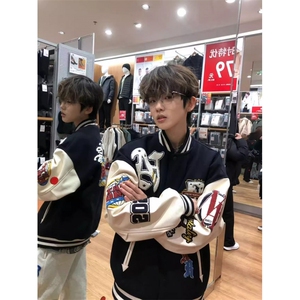 1506/QM4170/P66新美式高街秋冬季皮袖拼接刺绣棒球服图片