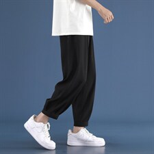 大码冰丝裤子男春秋季2025新款小脚裤抗皱美式潮牌宽松休闲九分裤图片