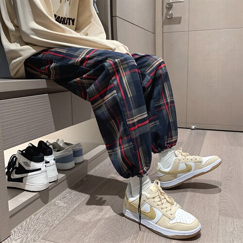 K3101-P45秋季港风格子潮流宽松百搭男女情侣休闲运动长裤控58，女装休闲裤，电商A009A（原A058A）