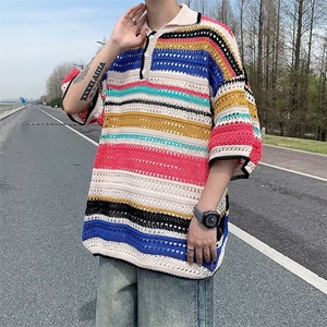 翻领短袖T恤男简约百搭休闲打底镂空针织五分袖POLO衫M300P43图片