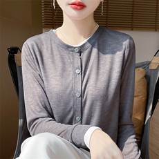圆领假两件开衫新薄款宽松上衣开衫女，女装针织衫/毛衣，绒宛羊绒