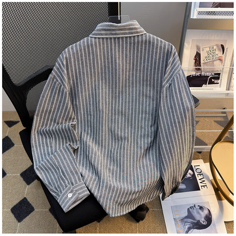 日系复古条纹长袖衬衫男秋季街头宽松休闲衬衣SC215P26,男装衬衫,星座1013-1
