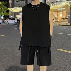 抖音高品质同面料短袖坎肩无袖T恤潮流男套装D088/P65黑，男装T恤，电商A094