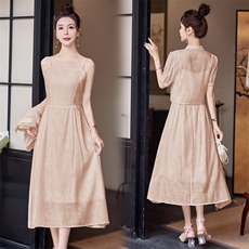 2024新款夏装复古优雅盘扣显瘦减龄刺绣印花两件套套装裙，女装套装/套裙，依路服饰