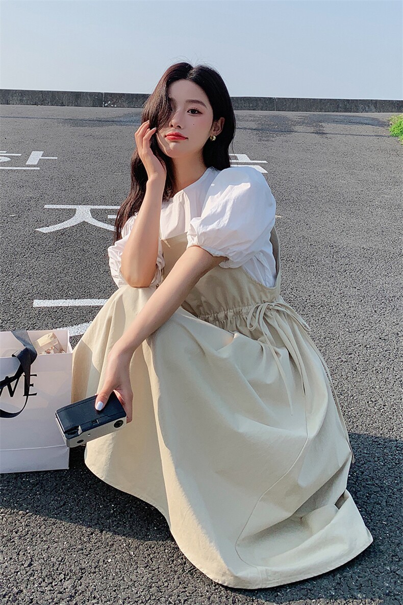清纯系乖乖妹穿搭背带裙套装女2025夏减龄泡泡袖上衣两件套连衣裙,女装连衣裙,2C092