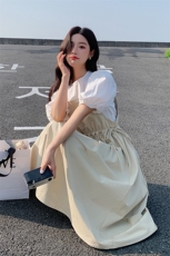 清纯系乖乖妹穿搭背带裙套装女2025夏减龄泡泡袖上衣两件套连衣裙，女装连衣裙，2C092