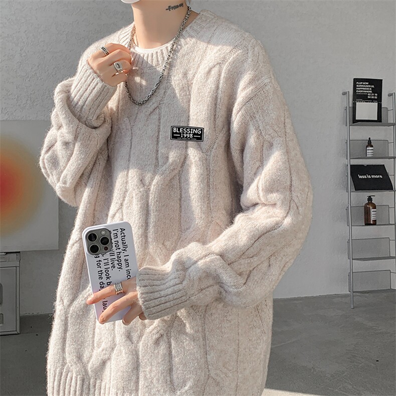 8XL-M圆领毛衣男秋冬慵懒风宽松情侣装麻花针织羊毛衫MY19004P68,男装针织衫/毛衣,电商B312