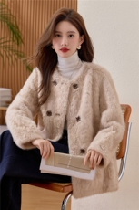 加厚保暖皮毛一体水貂绒V领长款外套女秋冬季宽松百搭仿皮草上衣，女装皮草，涵誉