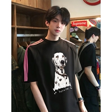 抖音得物品质二开240克宽松纯棉美式潮牌印花三条杠中性风短袖T恤，男装T恤，电商A486-1
