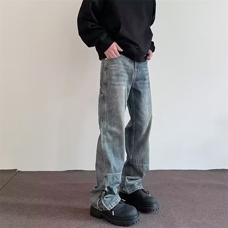 美式高街拉链牛仔裤男直筒宽松NZT769图片