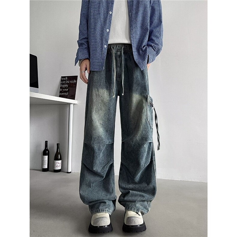 美式复古褶皱大口袋牛仔裤男直筒水洗高街春秋季宽松休闲微喇长裤，男装牛仔裤，星座601-1