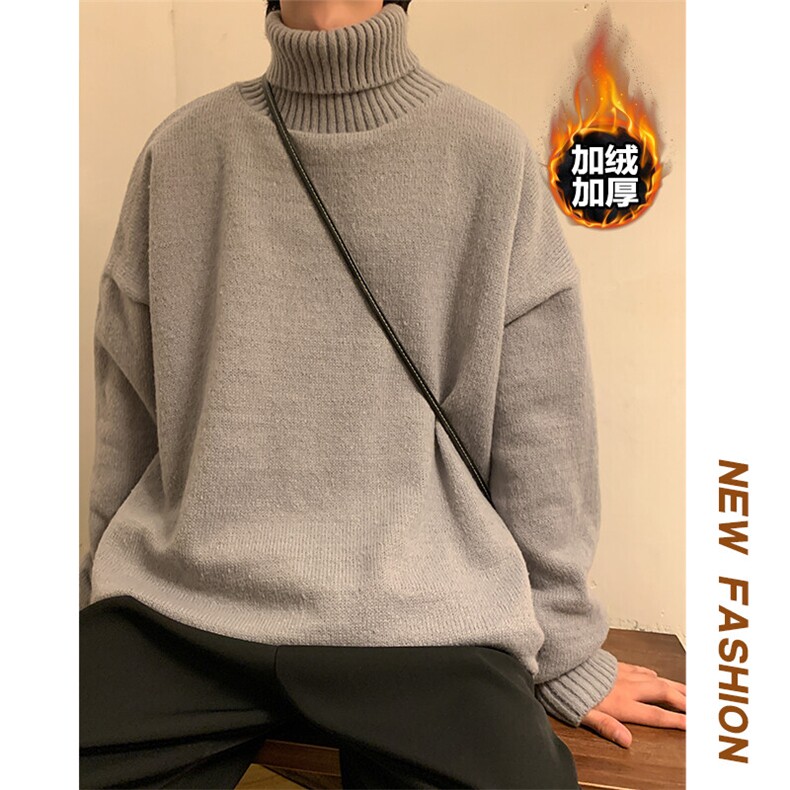 冬款纯色大码加绒加厚毛衣boy宽松套头高领针织衫MY102J加绒-P60图片