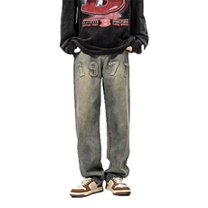 牛仔裤男款欧美高街vibe水洗做旧设计感直筒宽松休闲长裤-B004，男装牛仔裤，星座601-1