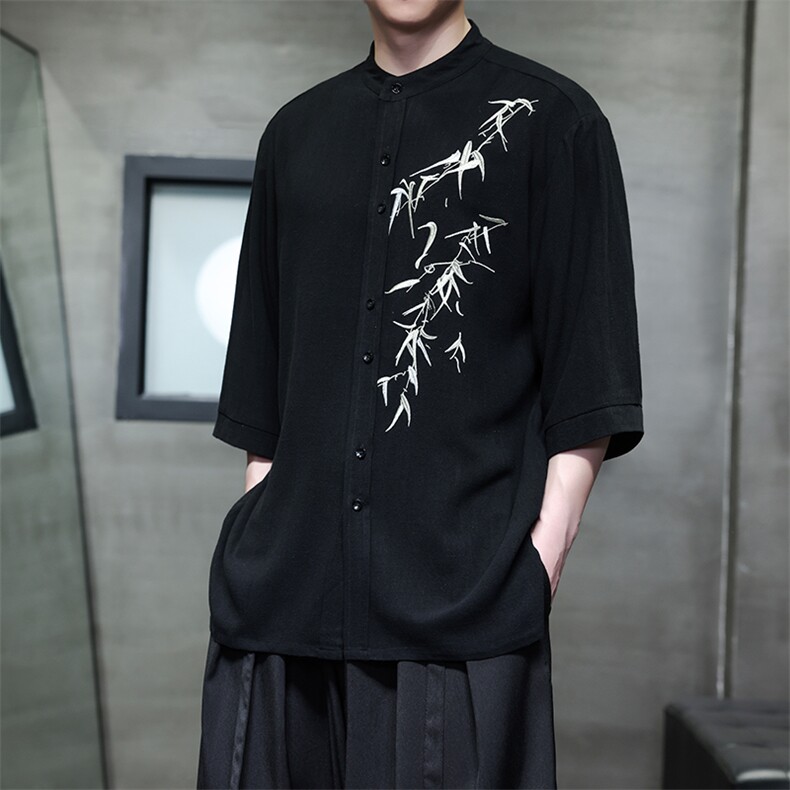 新款现货风现货新中式外景夏季立领衬衫上衣绣花T恤T29-P65,男装T恤,电商A021