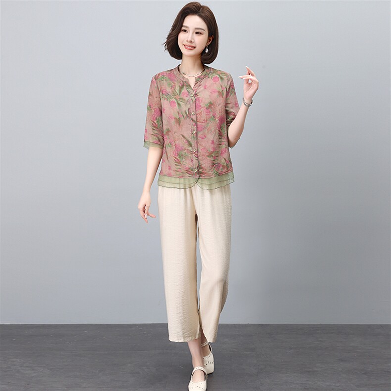 时尚印花上衣+阔腿裤棉麻两件套 显瘦遮肉气质女装套装图片