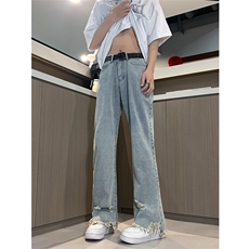 现货黄泥美式vibe裤高街黑色破洞微喇直筒毛边牛仔裤男K890-P55，男装牛仔裤，星座205